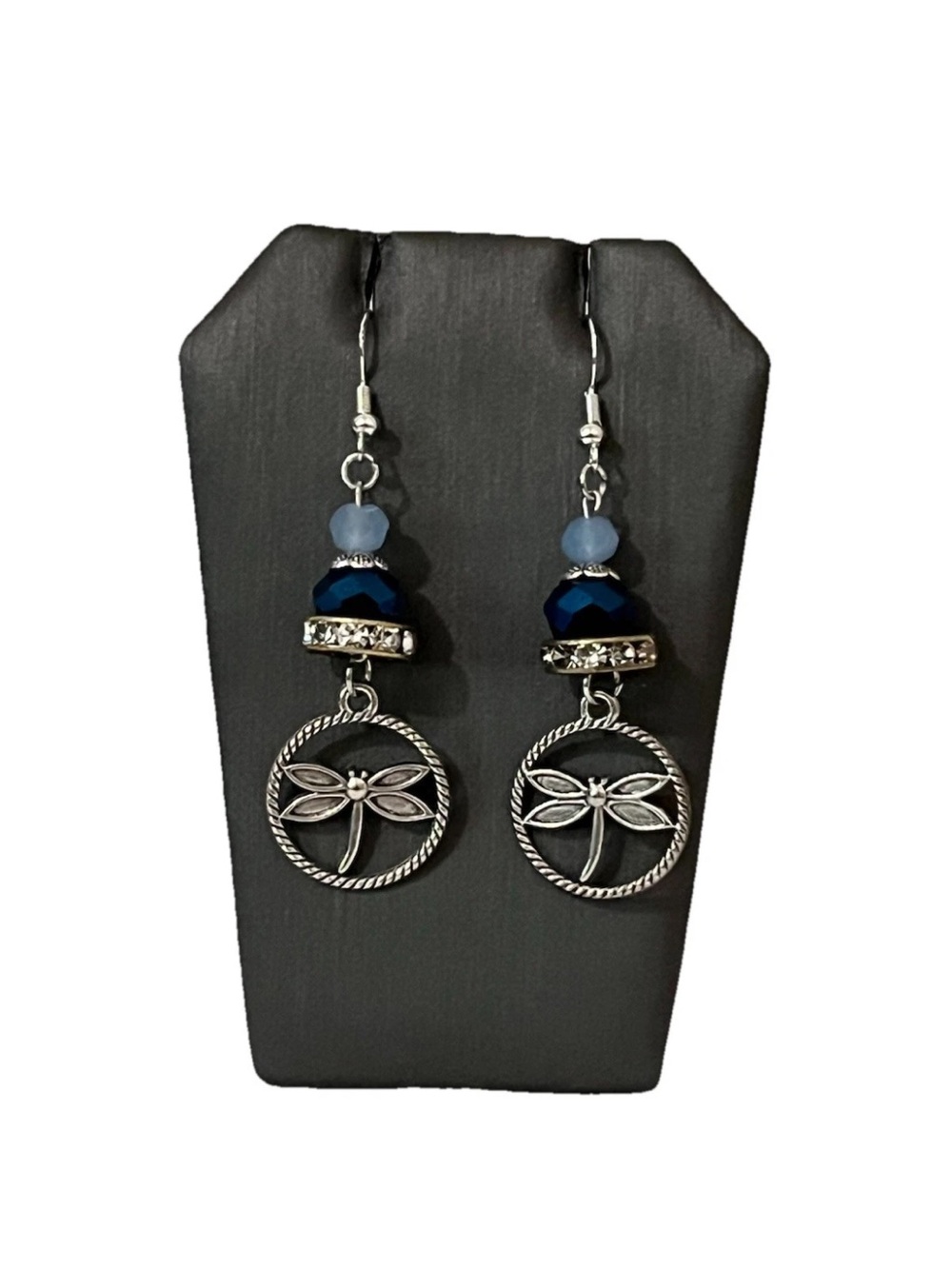 Handmade Silver Tone Dragonfly Dangle Earrings Blue Bead Rhinestone Drop Hook
